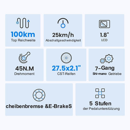 Touroll J1 ST 27,5" E Bike, Elektrofahrrad Trekkingrad E-Bike Herren Damen mit 36V 561.6Wh Akku,100km Reichweite, 250W Motor, E-Fahrrad mit 7-Gang-Getriebe, Pedelec Citybike EBike für Erwachsene
