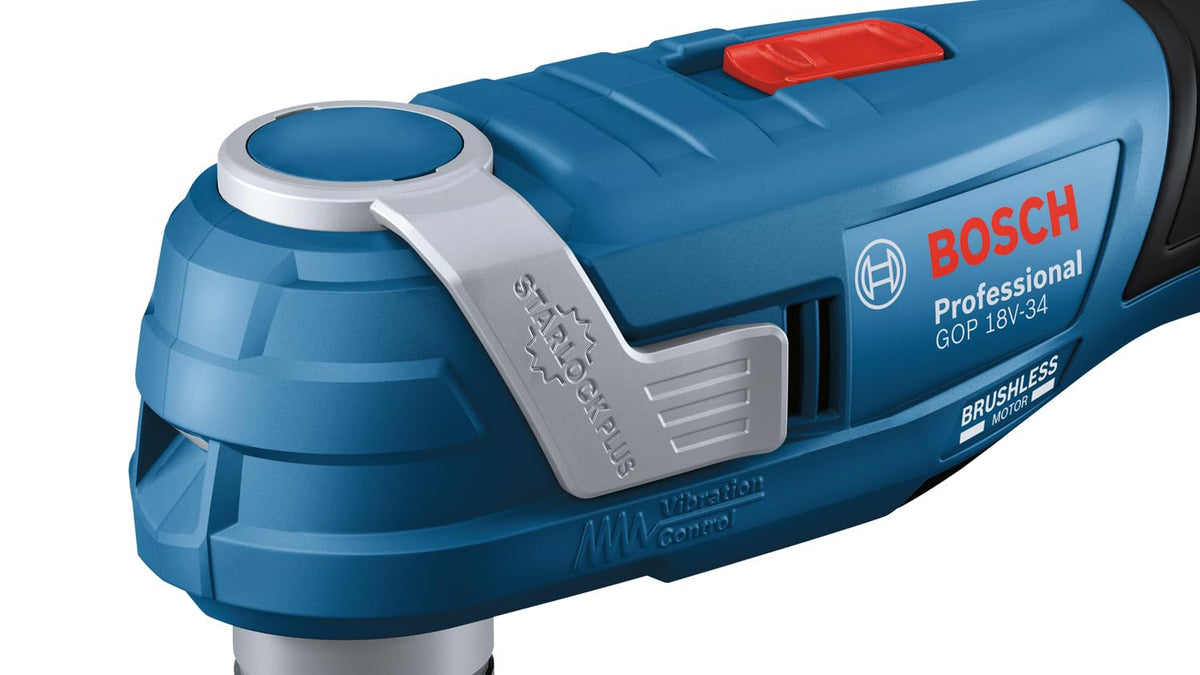 Bosch Professional 18V System Akku Multi-Cutter GOP 18V-34 (Vibration Control, inkl. mehrere Sägeblätter, 1x Schleifplatte, 5x Schleifblatt, 5x Zubehör, L-BOXX, ohne Akku/ Ladegerät)