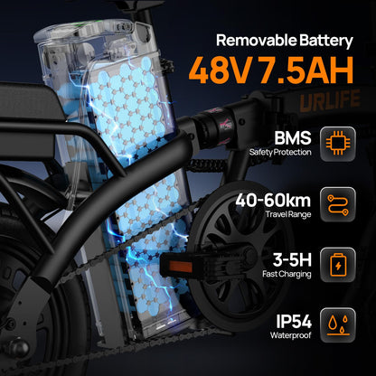 URLIFE E-Bike Klapprad 14", 48V 7.5Ah Austauschbarem Akku für Lange Reichweite bis 60KM, Elektrofahrrad 250W Motor, 3 Fahrmodi, Sitzhöhe Verstellbar, Falt-Pedelec ebike für Herren Damen Grau