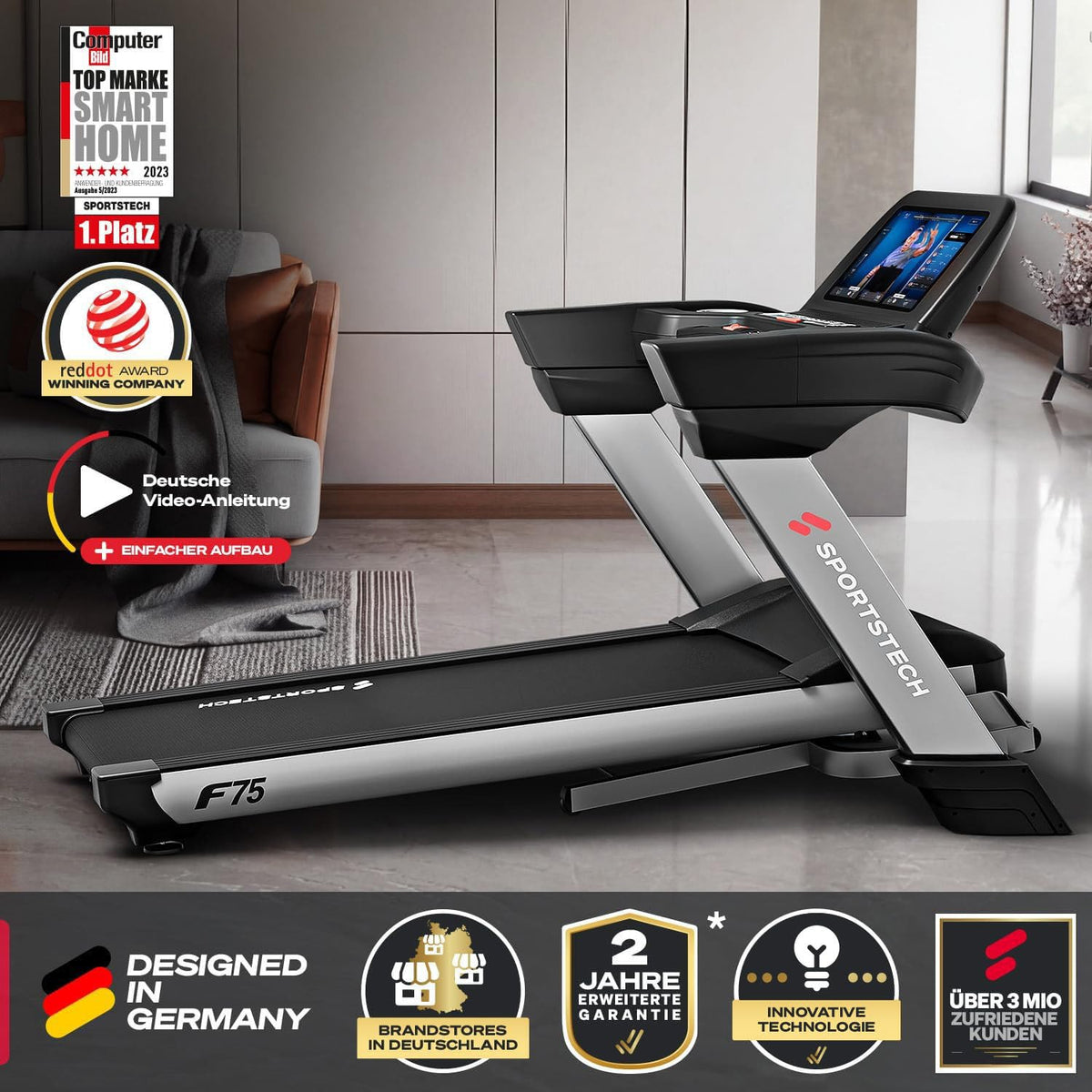 Sportstech, Laufband klappbar mit großem 21,5-Zoll-Touchdisplay, F75