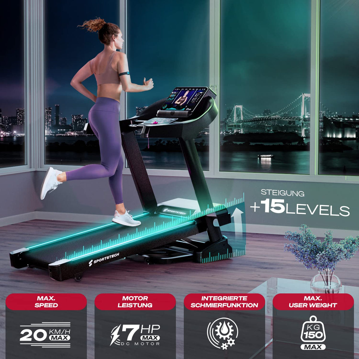 Sportstech, Laufband für Zuhause klappbar + 150 kg Nutzergewicht F37s