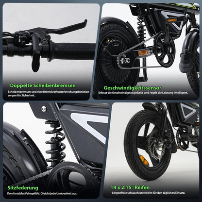 Finbike E-Bike Klapprad 14 Zoll, Elektrofahrrad mit 36V 12Ah Akku für Herren & Damen, 50KM Reichweite, 250W Motor, APP-Steuerung, Faltbares City Bike mit LED-Licht, Leicht & Kompakt für Pendler