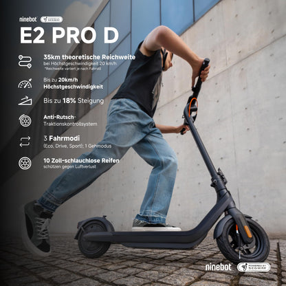 Segway-Ninebot E2 Pro D, E-Scooter mit Straßenzulassung für Erwachsene, max. 20 km/h Geschwindigkeit, 35 km Reichweite, Anti-Rutsch-Traktionskontrollsystem