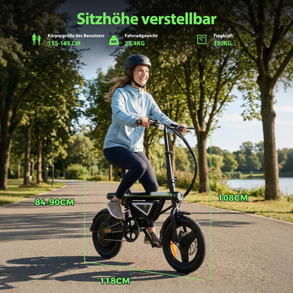 Finbike E-Bike Klapprad 14 Zoll, Elektrofahrrad mit 36V 12Ah Akku für Herren & Damen, 50KM Reichweite, 250W Motor, APP-Steuerung, Faltbares City Bike mit LED-Licht, Leicht & Kompakt für Pendler