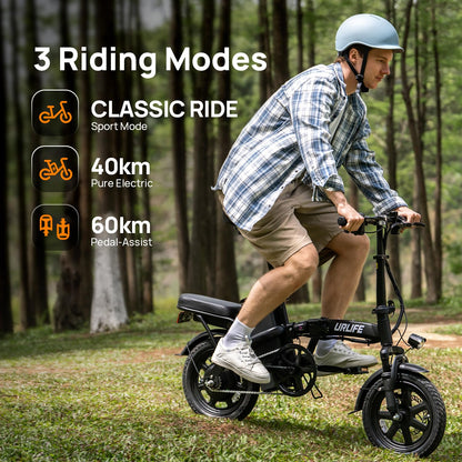 URLIFE E-Bike Klapprad 14", 48V 7.5Ah Austauschbarem Akku für Lange Reichweite bis 60KM, Elektrofahrrad 250W Motor, 3 Fahrmodi, Sitzhöhe Verstellbar, Falt-Pedelec ebike für Herren Damen Grau